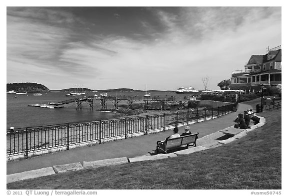 Shore path and harbor. Bar Harbor, Maine, USA (black and white)