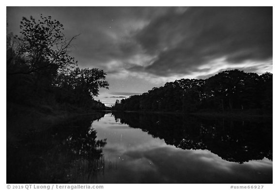 East Branch Penobscot River from Lunksoos Camp at night. Katahdin Woods and Waters National Monument, Maine, USA (black and white)