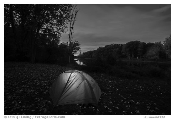 Tent with light at Lunksoos Camp. Katahdin Woods and Waters National Monument, Maine, USA (black and white)