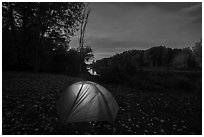 Tent with light at Lunksoos Camp. Katahdin Woods and Waters National Monument, Maine, USA ( black and white)