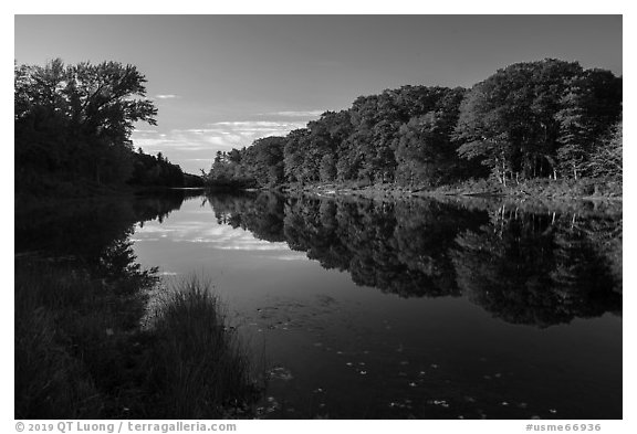 East Branch Penobscot River from Lunksoos Camp, early morning. Katahdin Woods and Waters National Monument, Maine, USA (black and white)