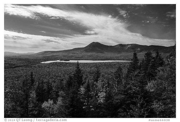 Katahdin and Katahdin Lake from Barnard Mountain. Katahdin Woods and Waters National Monument, Maine, USA (black and white)
