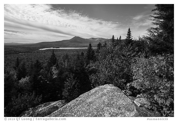 Baxter State Park from from Barnard Mountain in autumn. Katahdin Woods and Waters National Monument, Maine, USA (black and white)
