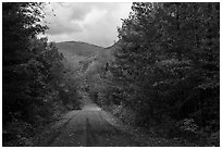 Messer Pond Road and mountain framed by trees in autumn foliage. Katahdin Woods and Waters National Monument, Maine, USA ( black and white)