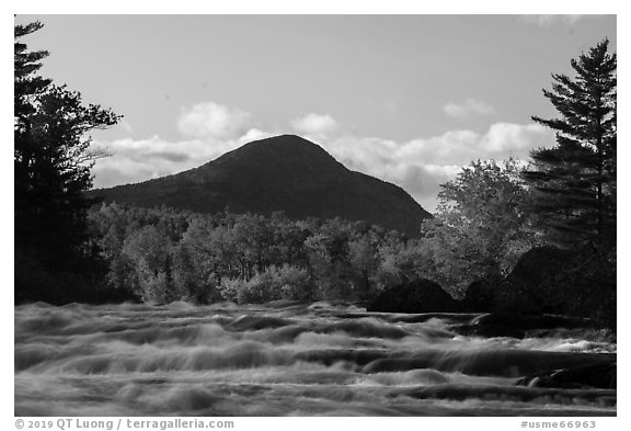 Haskell Rock Pitch rapids and Bald Mountain in autumn. Katahdin Woods and Waters National Monument, Maine, USA (black and white)