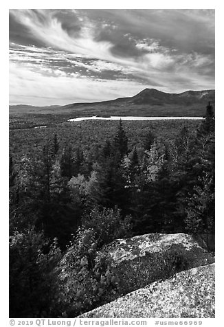 Mount Katahdin from Barnard Mountain top in autumn. Katahdin Woods and Waters National Monument, Maine, USA (black and white)