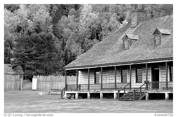 Historic Great Hall in Stockade site, Grand Portage National Monument. Minnesota, USA (black and white)