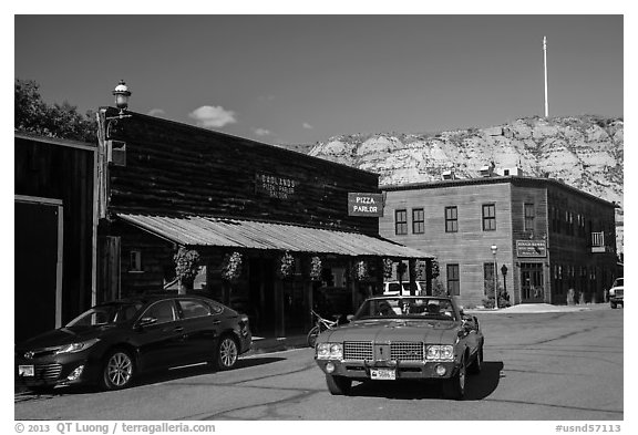 Classic car in street, Medora. North Dakota, USA (black and white)