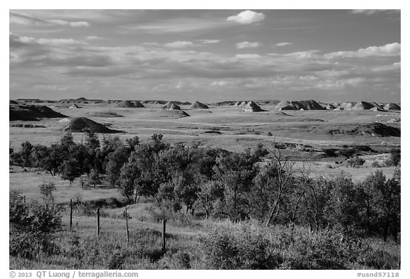 Farmlands and distant badlands. North Dakota, USA (black and white)