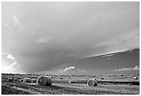 Storm cloud and hay rolls. North Dakota, USA ( black and white)