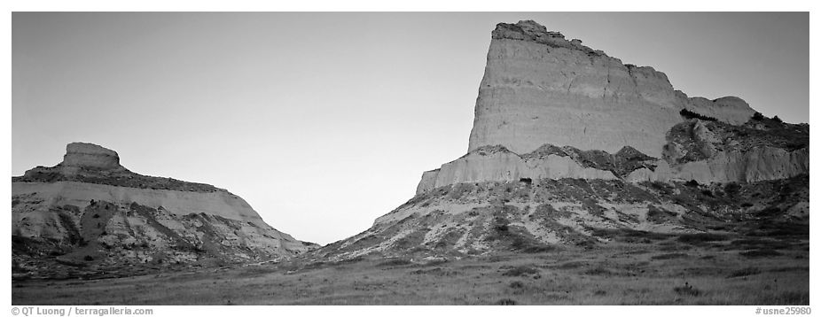 Cliffs glowing red at dawn,  Scotts Bluff National Monument. Nebraska, USA (black and white)