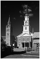White steepled church and stone church. Concord, New Hampshire, USA ( black and white)