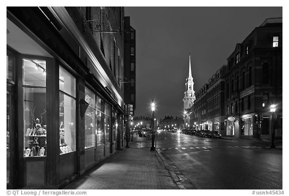 Congress Street and church by night. Portsmouth, New Hampshire, USA (black and white)