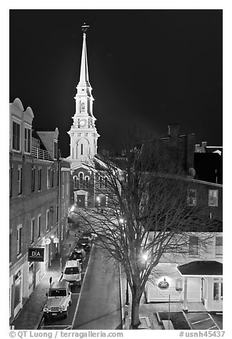 Street from above and church at night. Portsmouth, New Hampshire, USA