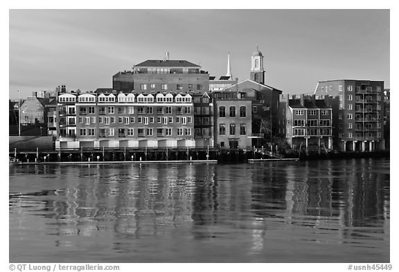Waterfront buildings and church. Portsmouth, New Hampshire, USA (black and white)