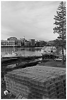 Lobster traps and city skyline. Portsmouth, New Hampshire, USA (black and white)