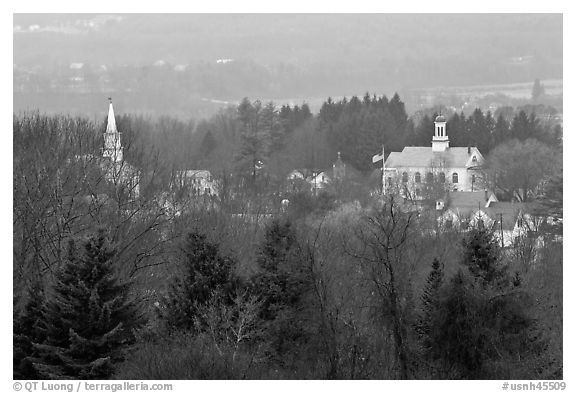 View from above with church and town hall. Walpole, New Hampshire, USA