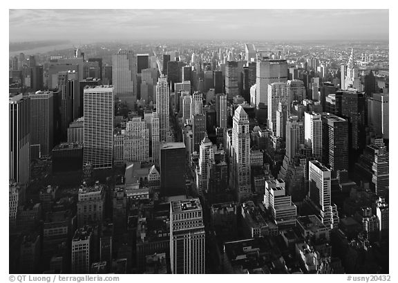 Mid-town Manhattan skyscrapers from above, late afternoon. USA (black and white)