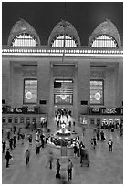 Main information booth and flag hung after 9/11, Grand Central Terminal. NYC, New York, USA ( black and white)