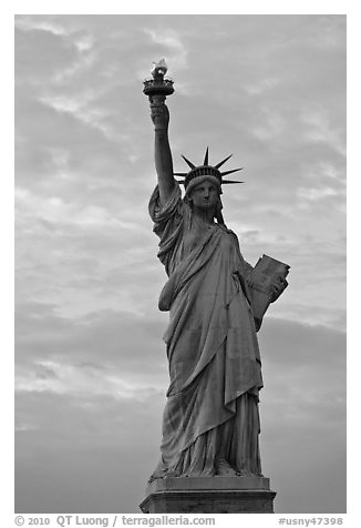 Statue of Liberty with lit torch, Statue of Liberty National Monument. NYC, New York, USA (black and white)