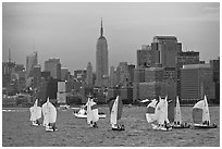 Sailboats and Manhattan skyline, New York Harbor. NYC, New York, USA ( black and white)