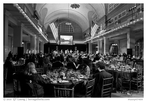 Gala dinner inside Main Building, Ellis Island. NYC, New York, USA (black and white)