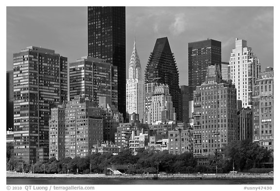 Manhattan skyline from Roosevelt Island, morning. NYC, New York, USA (black and white)