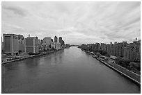 Hudson River between Manhattan and Roosevelt Island. NYC, New York, USA ( black and white)