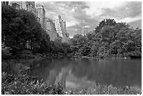 Pond and high-rise buildings, Central Park. NYC, New York, USA ( black and white)