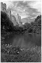 Central Park pond and nearby buildings. NYC, New York, USA ( black and white)