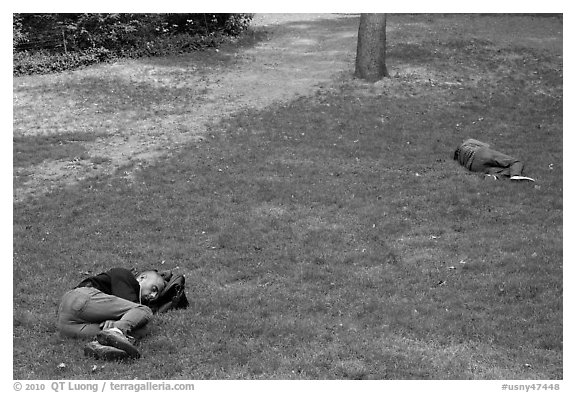 Men sleeping on lawn, Central Park. NYC, New York, USA