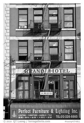 Facade detail, Bowery Hotel. NYC, New York, USA (black and white)
