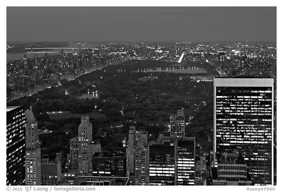 Central Park at night from above. NYC, New York, USA (black and white)