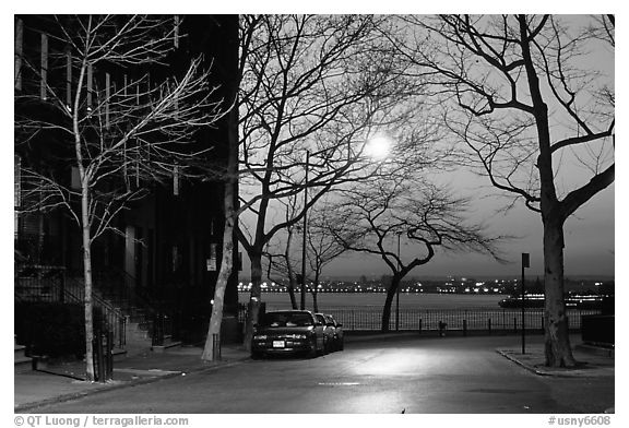 Street in Brooklyn at sunset. NYC, New York, USA (black and white)