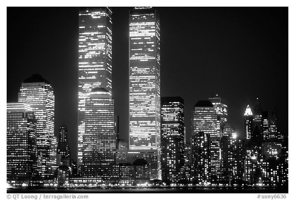 World Trade Center Twin Towers at night. NYC, New York, USA