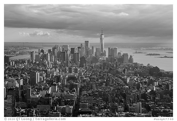 Downtown Manhattan skyline from Empire State Building. NYC, New York, USA (black and white)