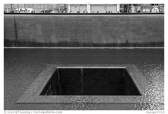 Pools and waterfalls,  September 11 Memorial. NYC, New York, USA (black and white)