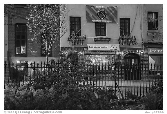 19th century fence of Christopher Park and and Stonewall Inn, Stonewall National Monument. NYC, New York, USA (black and white)