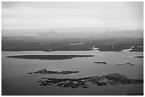 Aerial view of Jamaica Bay, Brooklyn, and Manhatta skyline. NYC, New York, USA ( black and white)