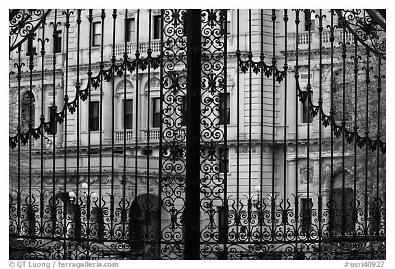 The Breakers seen through entrance gate grid. Newport, Rhode Island, USA (black and white)