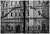 The Breakers seen through entrance gate grid. Newport, Rhode Island, USA (black and white)