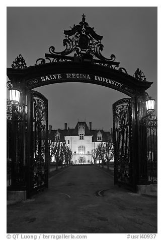 Entrance gate and Salve Regina University at night. Boston, Massachussetts, USA (black and white)