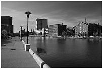 Riverside quay and walkway. Providence, Rhode Island, USA (black and white)