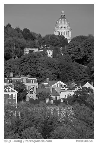 Forested hill, houses and dome. Providence, Rhode Island, USA (black and white)