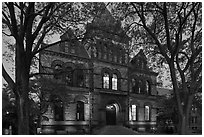 Sayles Hall framed by trees at dusk, Brown University. Providence, Rhode Island, USA ( black and white)