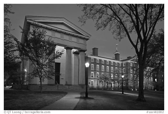 Manning Hall and  University Hall by night, Brown University. Providence, Rhode Island, USA (black and white)