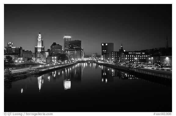 Downtown Providence reflected in Seekonk river at night. Providence, Rhode Island, USA (black and white)