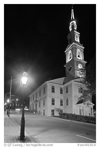 White-steppled Church and lamp at night. Providence, Rhode Island, USA