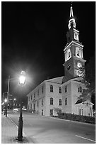 White-steppled Church and lamp at night. Providence, Rhode Island, USA (black and white)