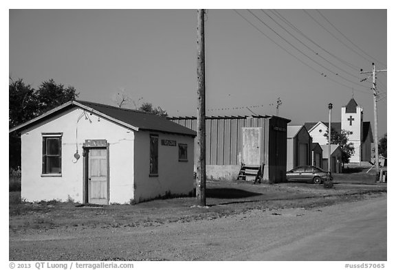 Street with jail and church, Interior. South Dakota, USA (black and white)